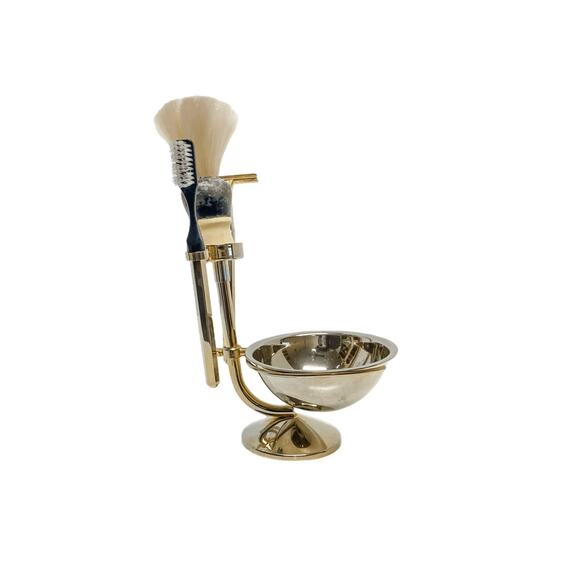 Vintage Brass Shaving Stand Bowl Set With Razor and Brush - Picture 2 of 10